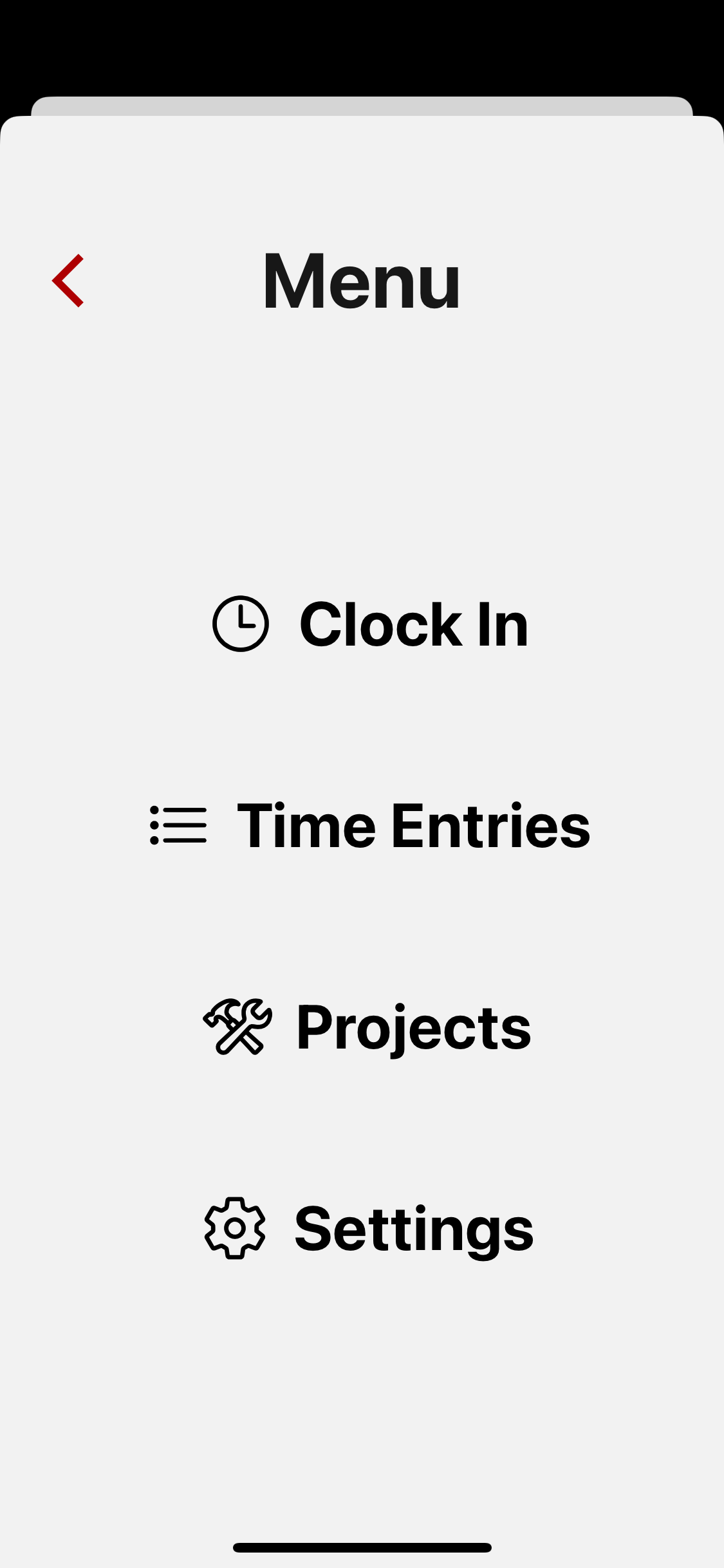 Mobile app navigation menu showing options for Clock In, Time Entries, Projects, and Settings.