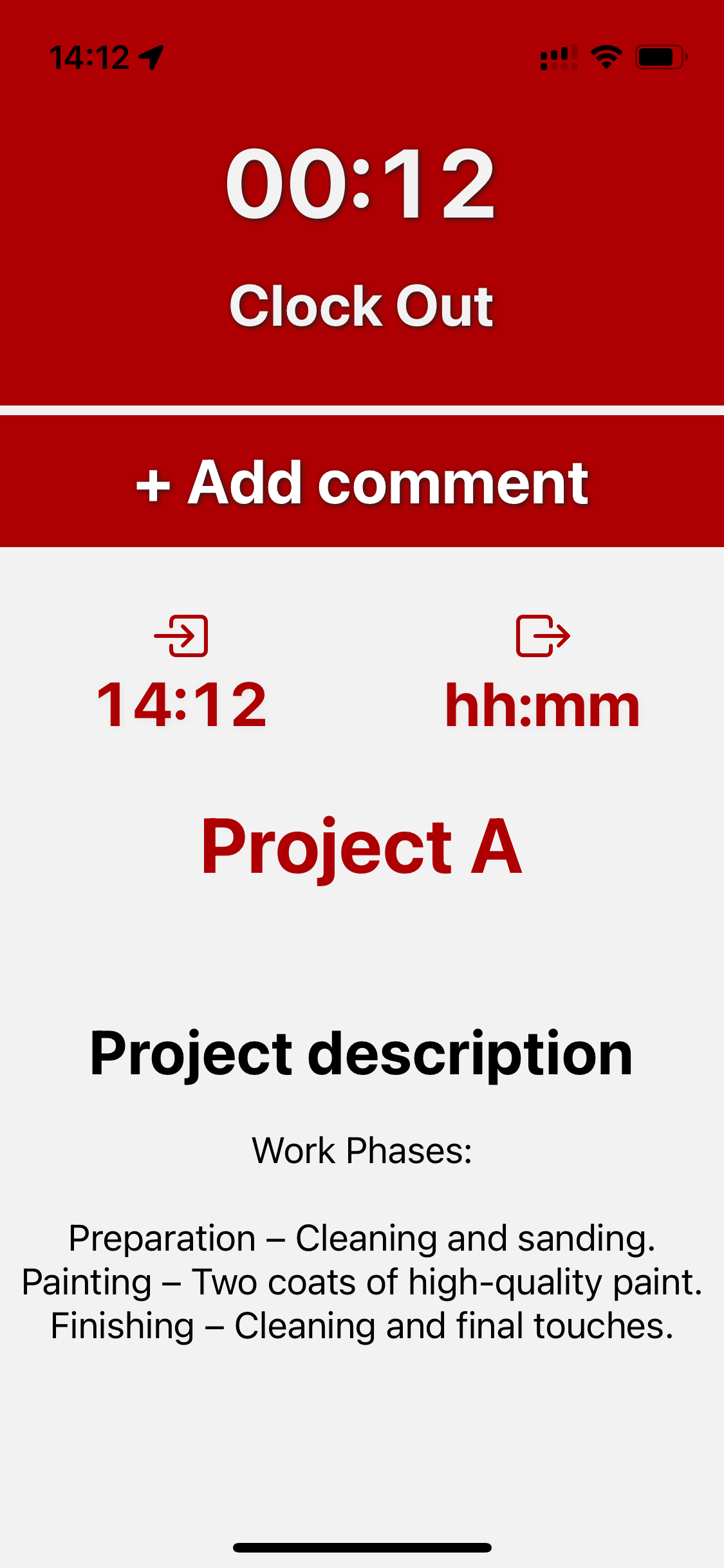 Mobile app screen showing a project description while clocked in.