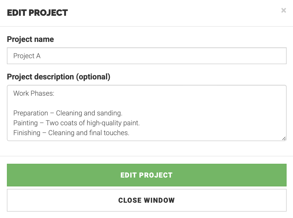 Modal window showing the creation of a new project with fields for project name and description.