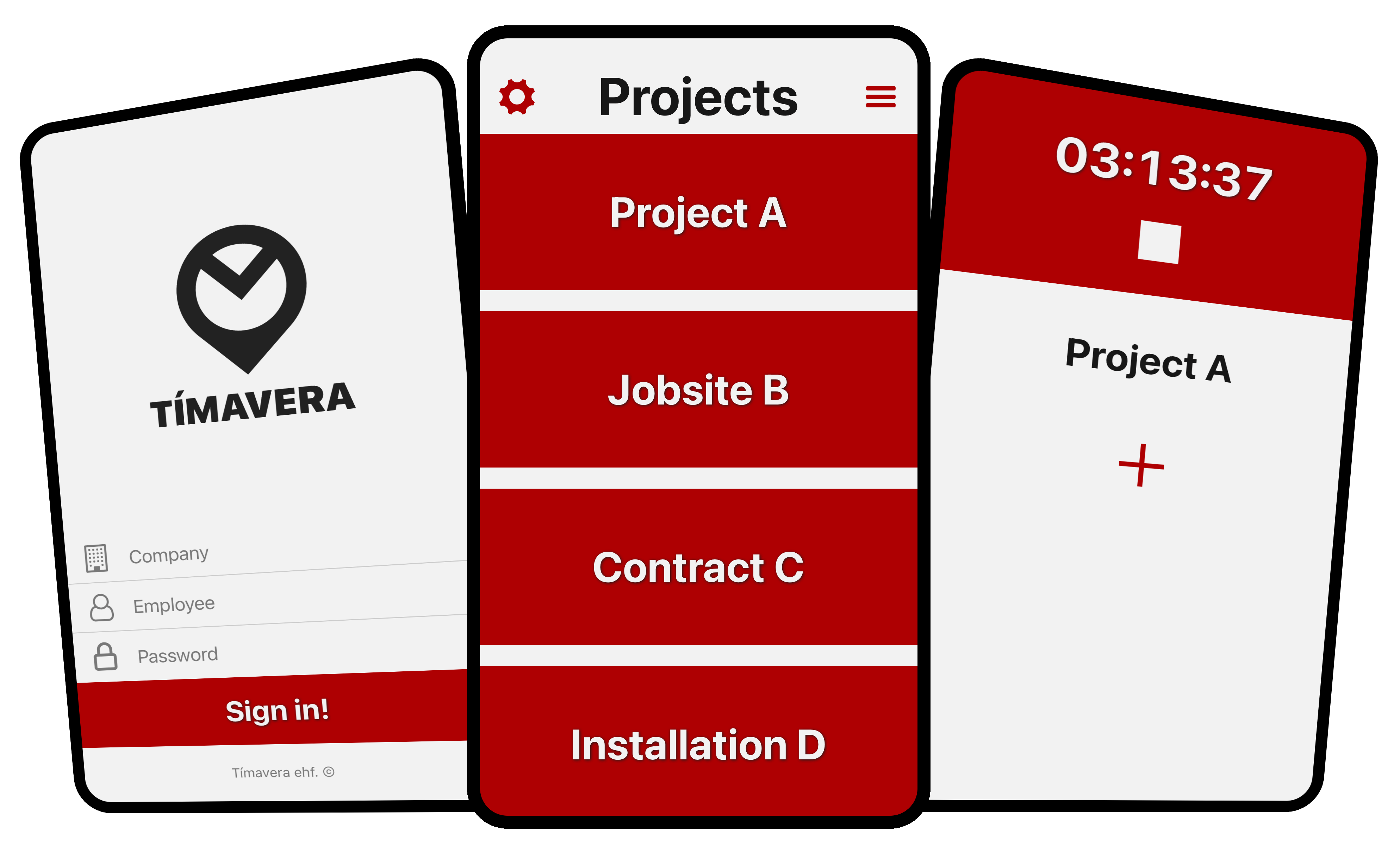Screenshot of the Tímavera time tracking app for contractors