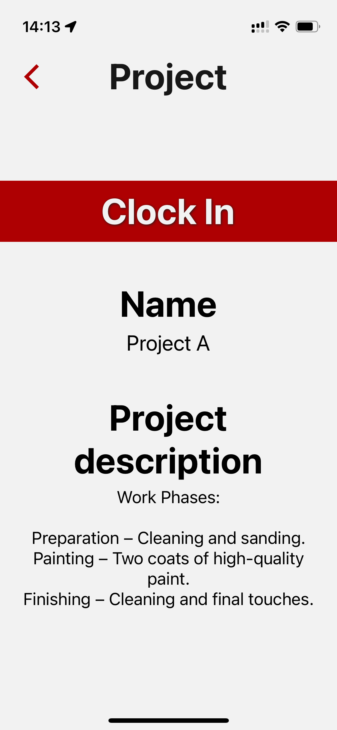 Mobile app screen showing detailed view of a single project with its name, description and clock-in option