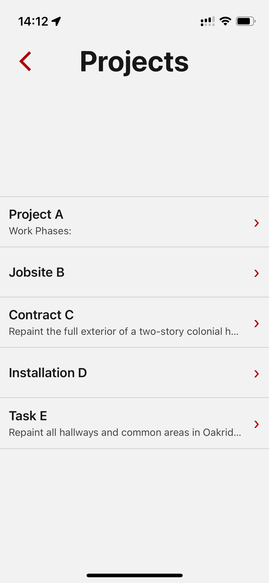 Mobile app screen showing a condensed list of all available projects.